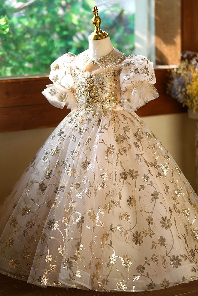 Принцесса Полная Длина Sequined Детские Платья in Шампанского цвета
