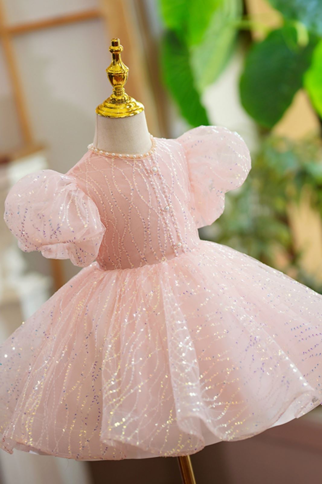 Prinzessin Wadenlang Pailletten Blumenmädchenkleider in Rosa