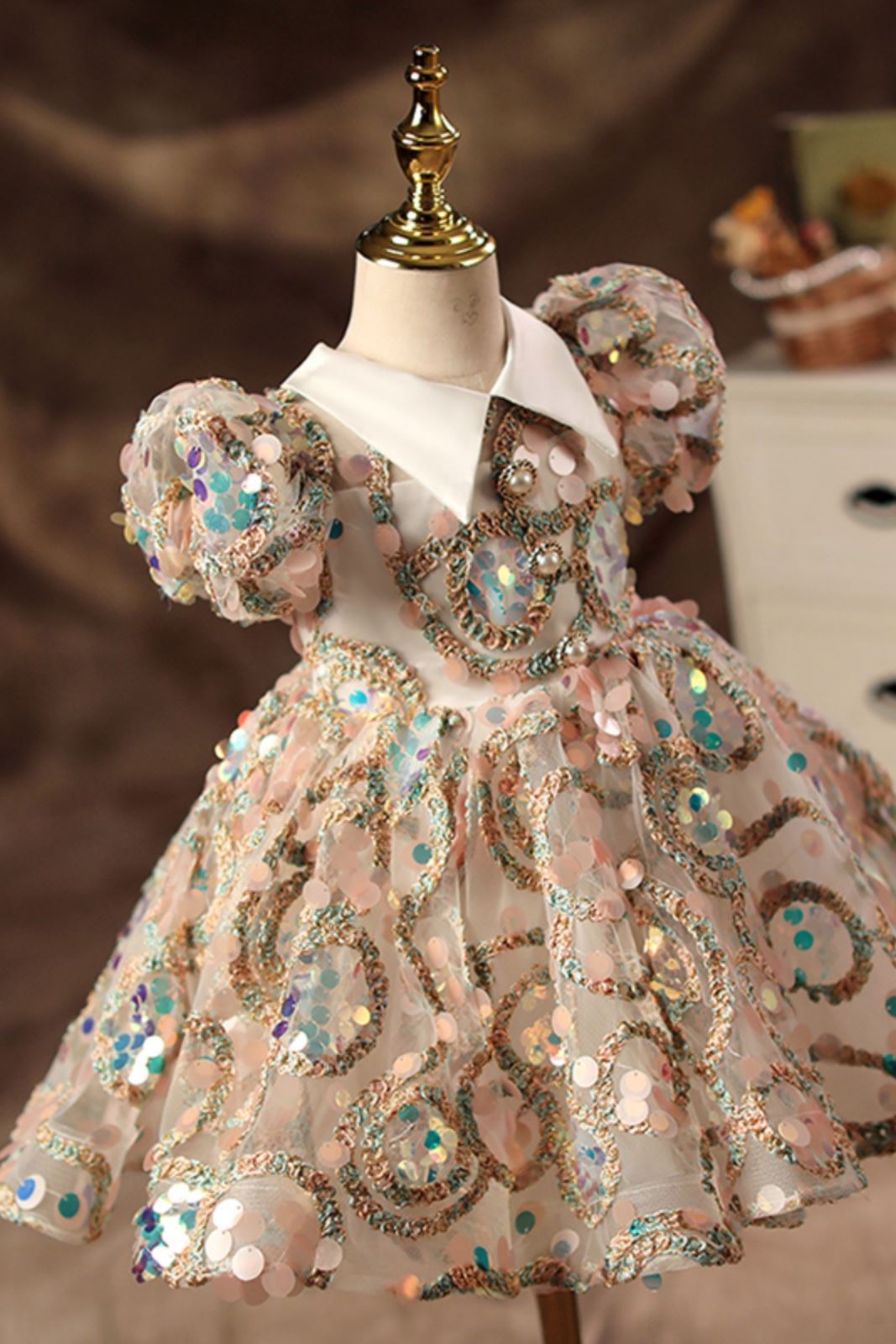 Princess Collared Neck Tea Length Sequined Flower Girl Dress colorful