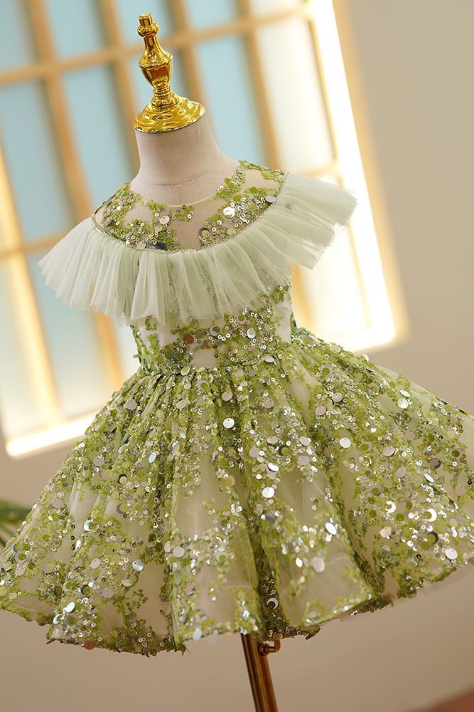 Round Длина по Щиколотку Sequined Детские Платья Зелёный