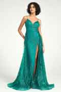Emerald Sequin Tulle Mermaid Dress with Strappy Back & Sweep Train