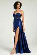 Navy Satin Gown with Sweetheart Neckline Strappy Back and High Slit