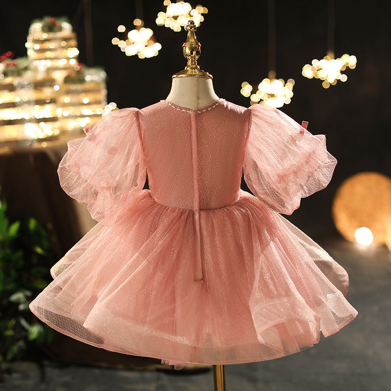 Prinzessin Runden Wadenlang Organza Blumenmädchenkleider Rosa