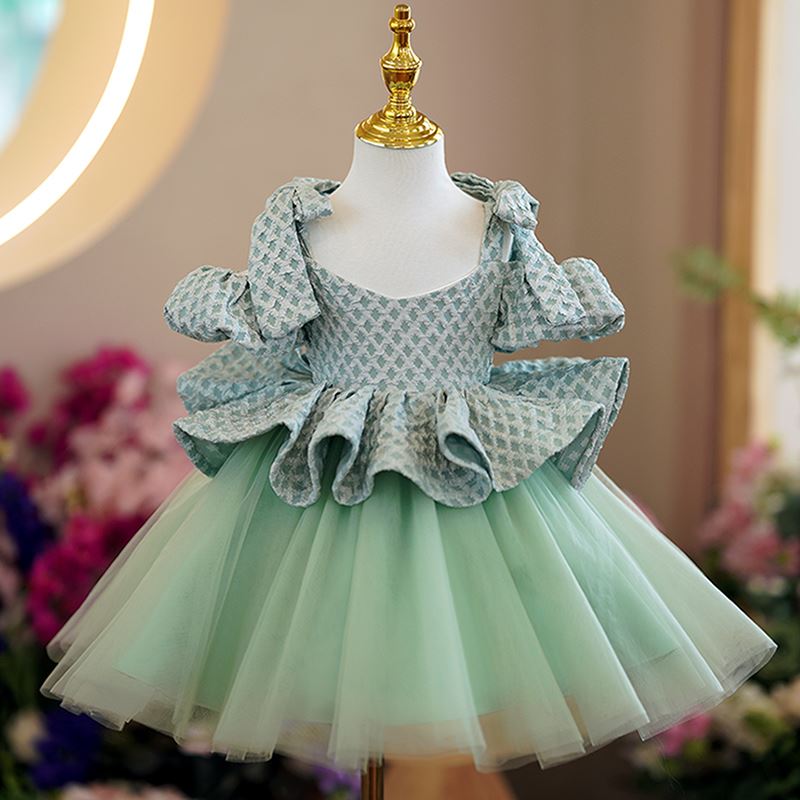 Prinzessin Quadratisch Wadenlang Tüll Blumenmädchenkleider in Grün