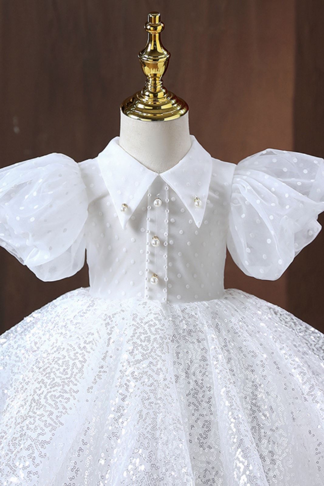 Prinzessin Kragenhals Wadenlang Pailletten Blumenmädchenkleider Weiß