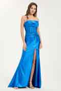 Cowl Neck A-Line Maxi Dress with Waist Pleats and Leg Slit