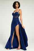 Navy Satin Gown with Sweetheart Neckline Strappy Back and High Slit