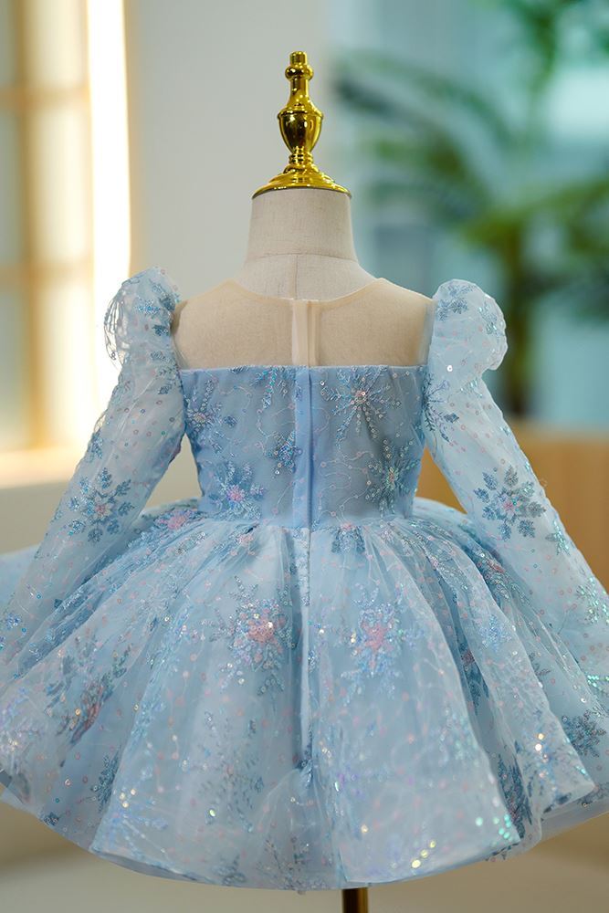 Prinzessin Runden Wadenlang Tüll Blumenmädchenkleider in Blau