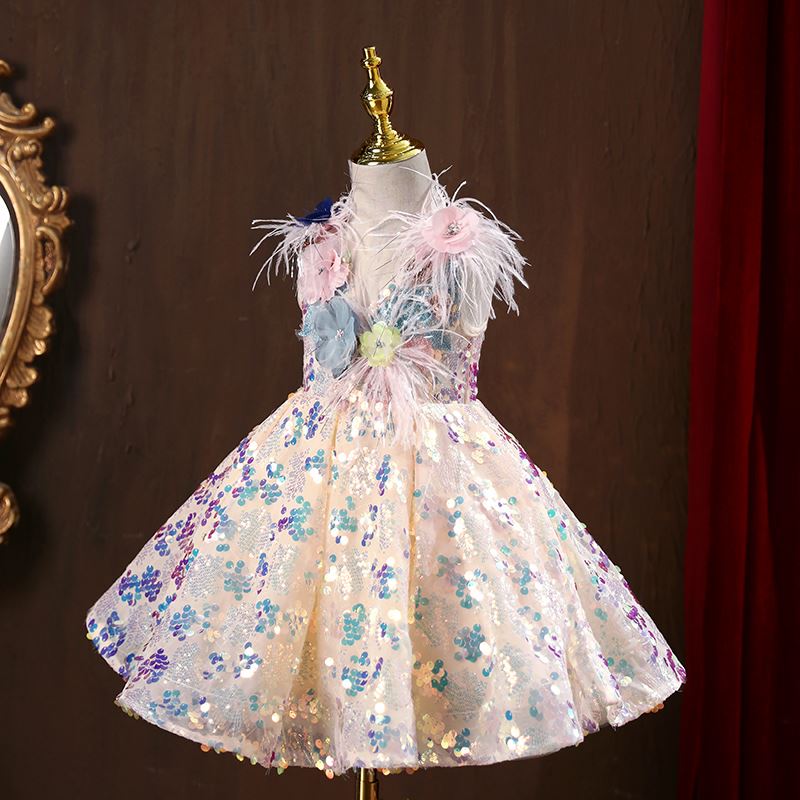 A-Linie Wadenlang Pailletten Blumenmädchenkleider in Champagner