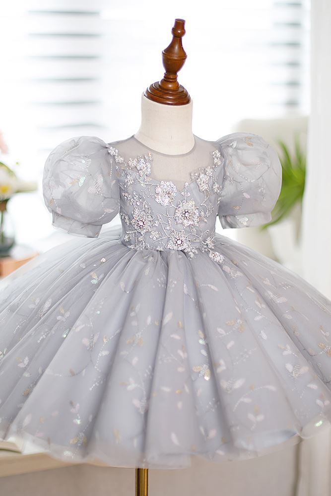 Prinzessin Runden Wadenlang Pailletten Blumenmädchenkleider in Grau