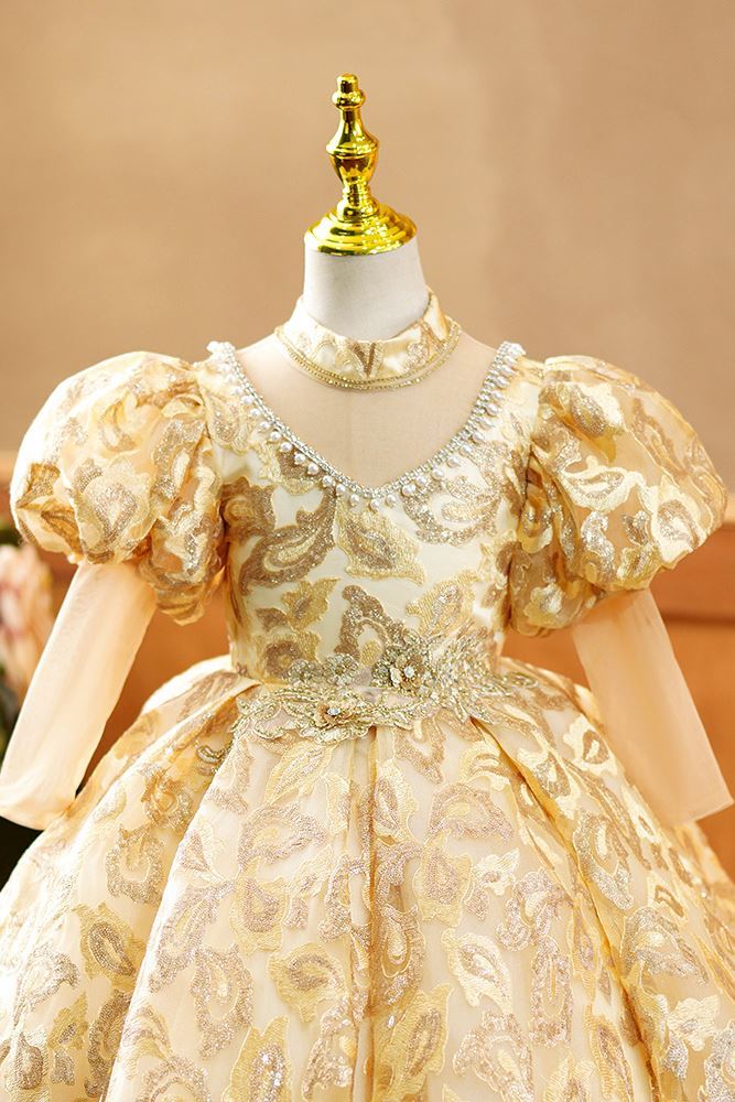 Princesse Longueur au Sol Dentelle robes de demoiselle d'honneur - fillette in Doré