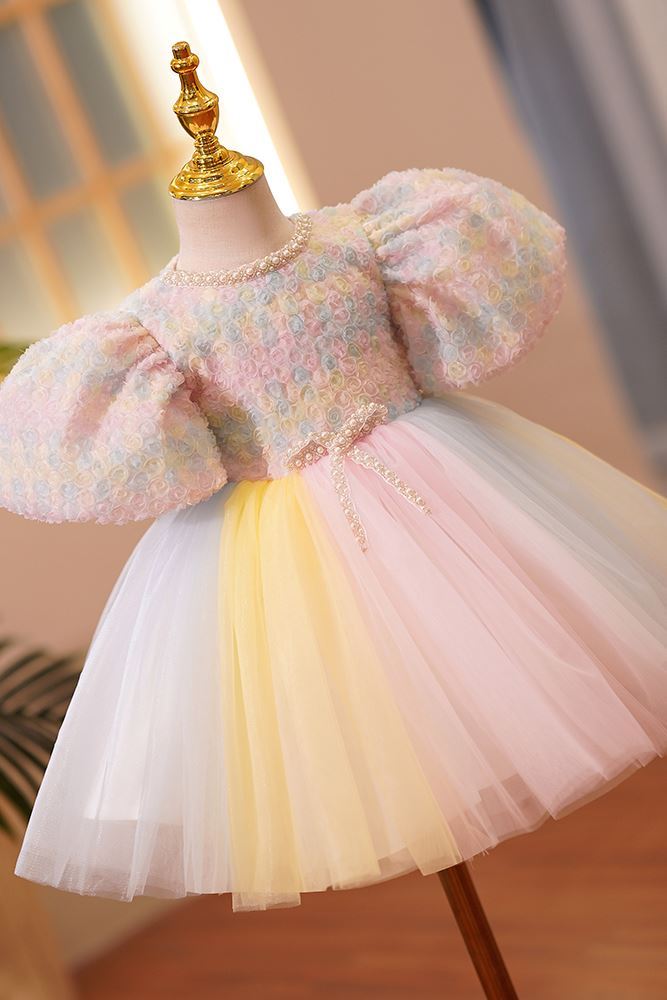 Prinzessin Runden Wadenlang Tüll Blumenmädchenkleider Farbenreich