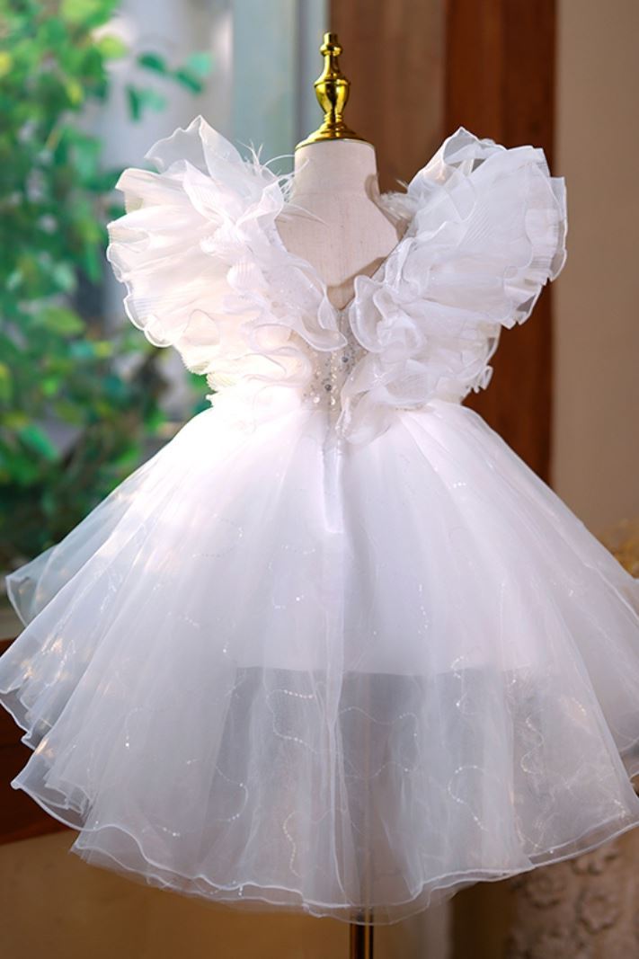 Prinzessin V Ausschnitt Wadenlang Tüll Blumenmädchenkleider Weiß