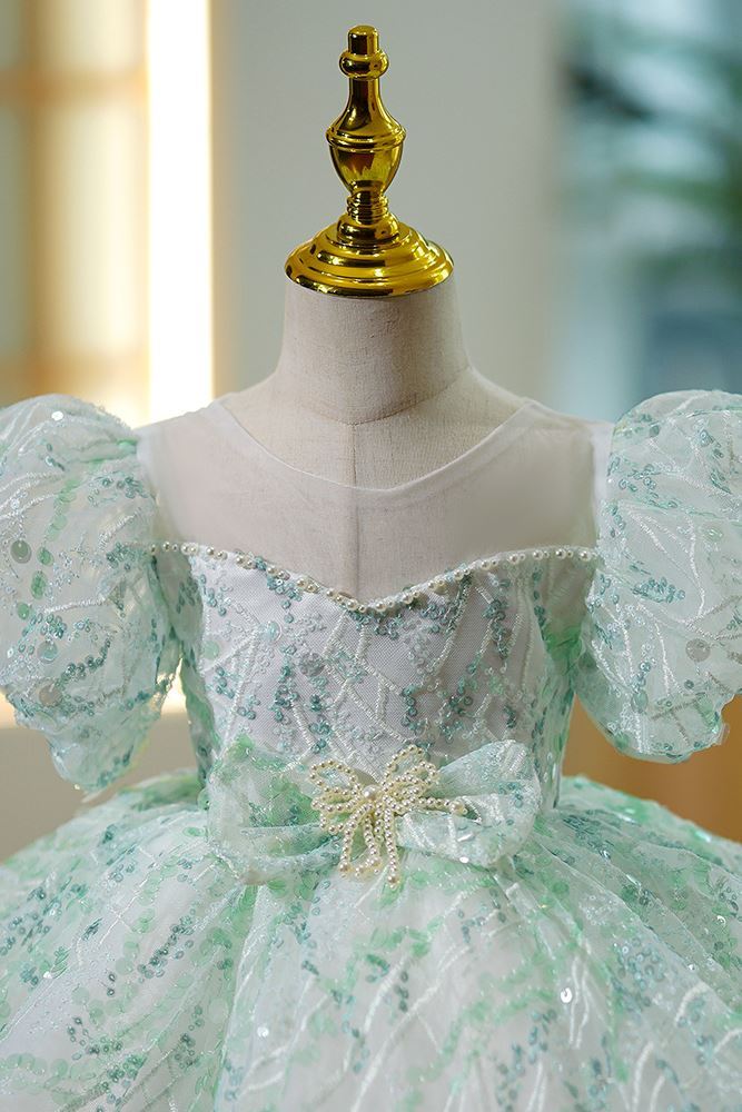 Prinzessin Scoop Wadenlang Pailletten Blumenmädchenkleider in Minzgrün