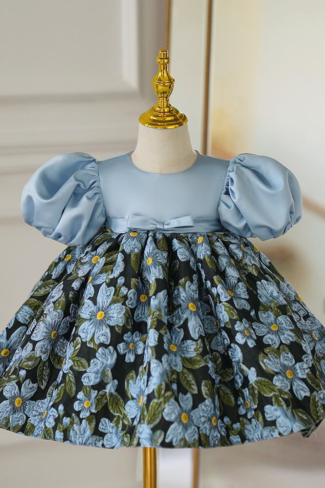 Prinzessin Runden Wadenlang Satin Blumenmädchenkleider in Blau