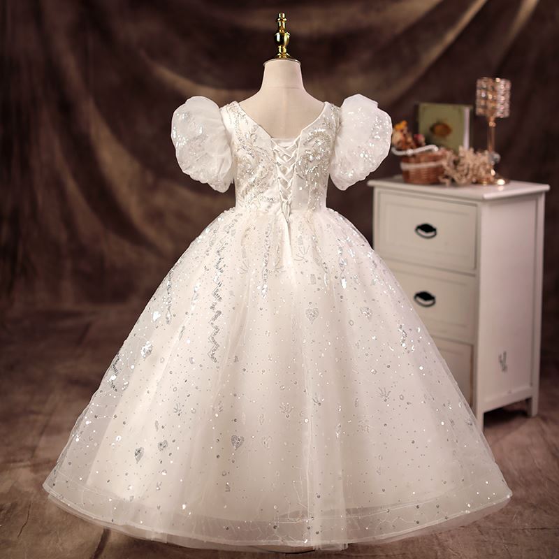 Prinzessin Juwelenhals Bodenlang Pailletten Blumenmädchenkleider Weiß