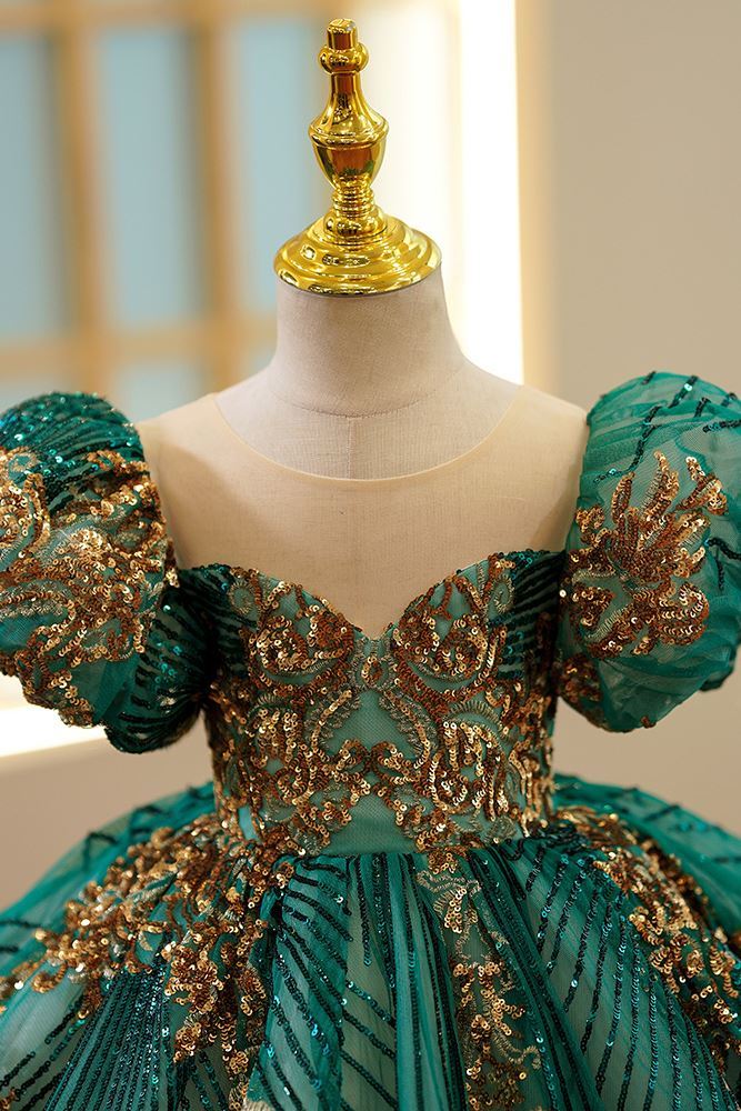 Prinzessin Runden Wadenlang Pailletten Blumenmädchenkleider Dunkelgrün