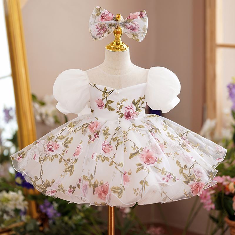 Princess Round Tea Length Organza Flower Girl Dress White
