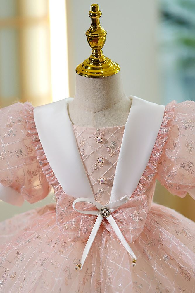 Prinzessin Scoop Wadenlang Spitze Blumenmädchenkleider in Rosa