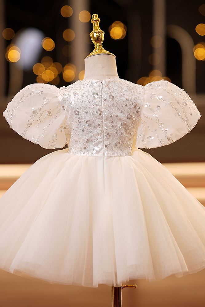 Prinzessin Runden Wadenlang Tüll Blumenmädchenkleider Elfenbein