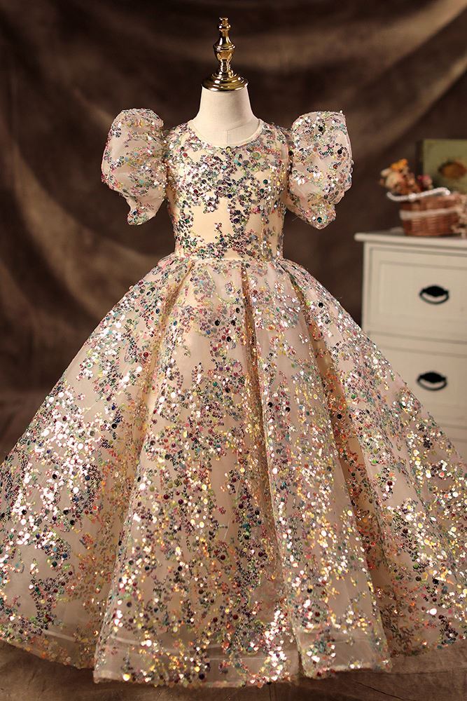 Prinzessin Runden Bodenlang Pailletten Blumenmädchenkleider Champagner