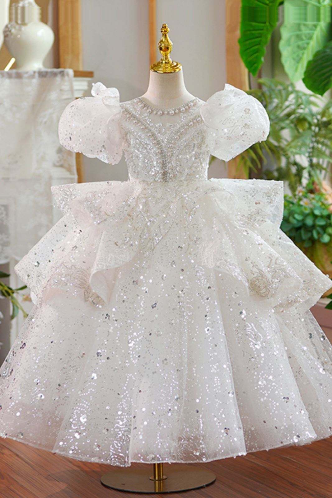 Prinzessin Bodenlang Pailletten Blumenmädchenkleider in Weiß
