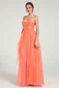 Coral A-Line Maxi Dress with Sweetheart Neckline and Beaded