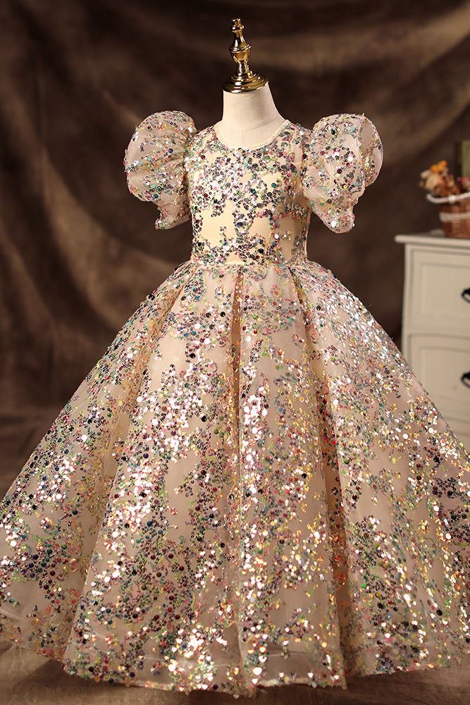 Prinzessin Runden Bodenlang Pailletten Blumenmädchenkleider Champagner