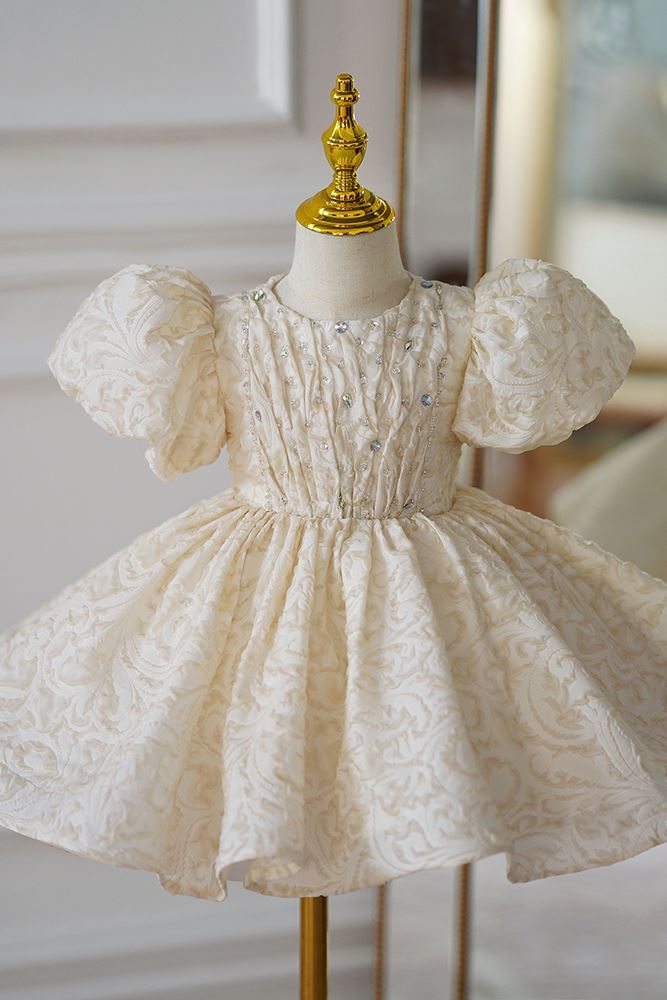 Prinzessin Runden Wadenlang Satin Blumenmädchenkleider in Champagner