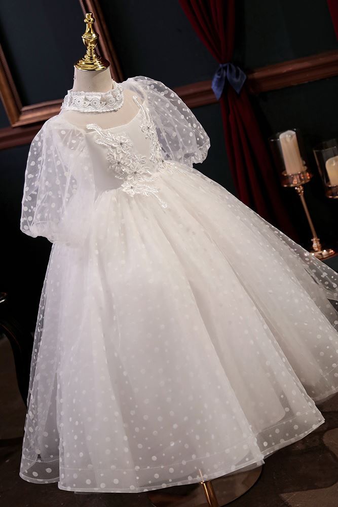 Prinzessin Stehkragen Bodenlang Tüll Blumenmädchenkleider in Weiß