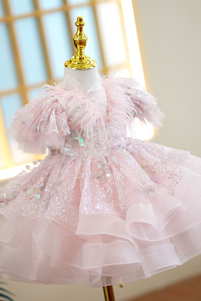 Prinzessin V Ausschnitt Wadenlang Pailletten Blumenmädchenkleider Rosa