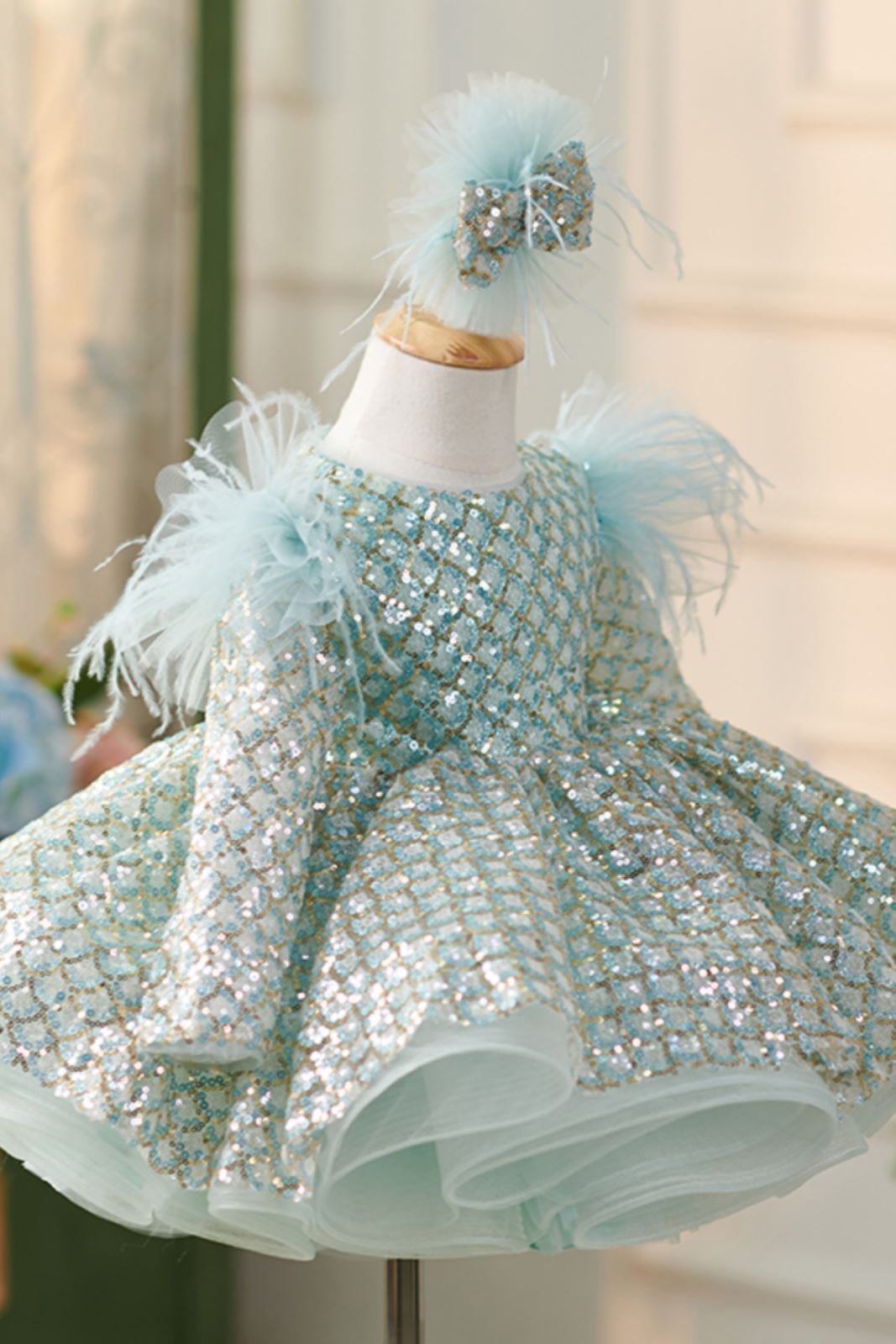 Принцесса Длина по Щиколотку Sequined Детские Платья in Мятно-зеленый