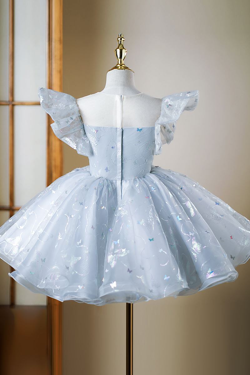 Prinzessin Wadenlang Pailletten Blumenmädchenkleider in Staubigblau