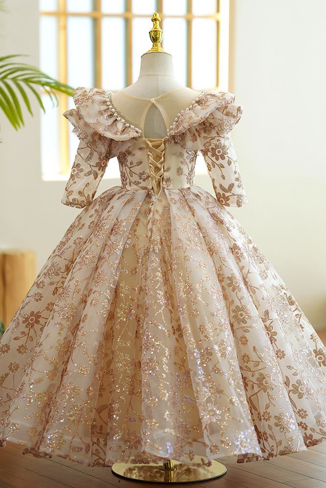 Prinzessin Bodenlang Pailletten Blumenmädchenkleider in Champagner
