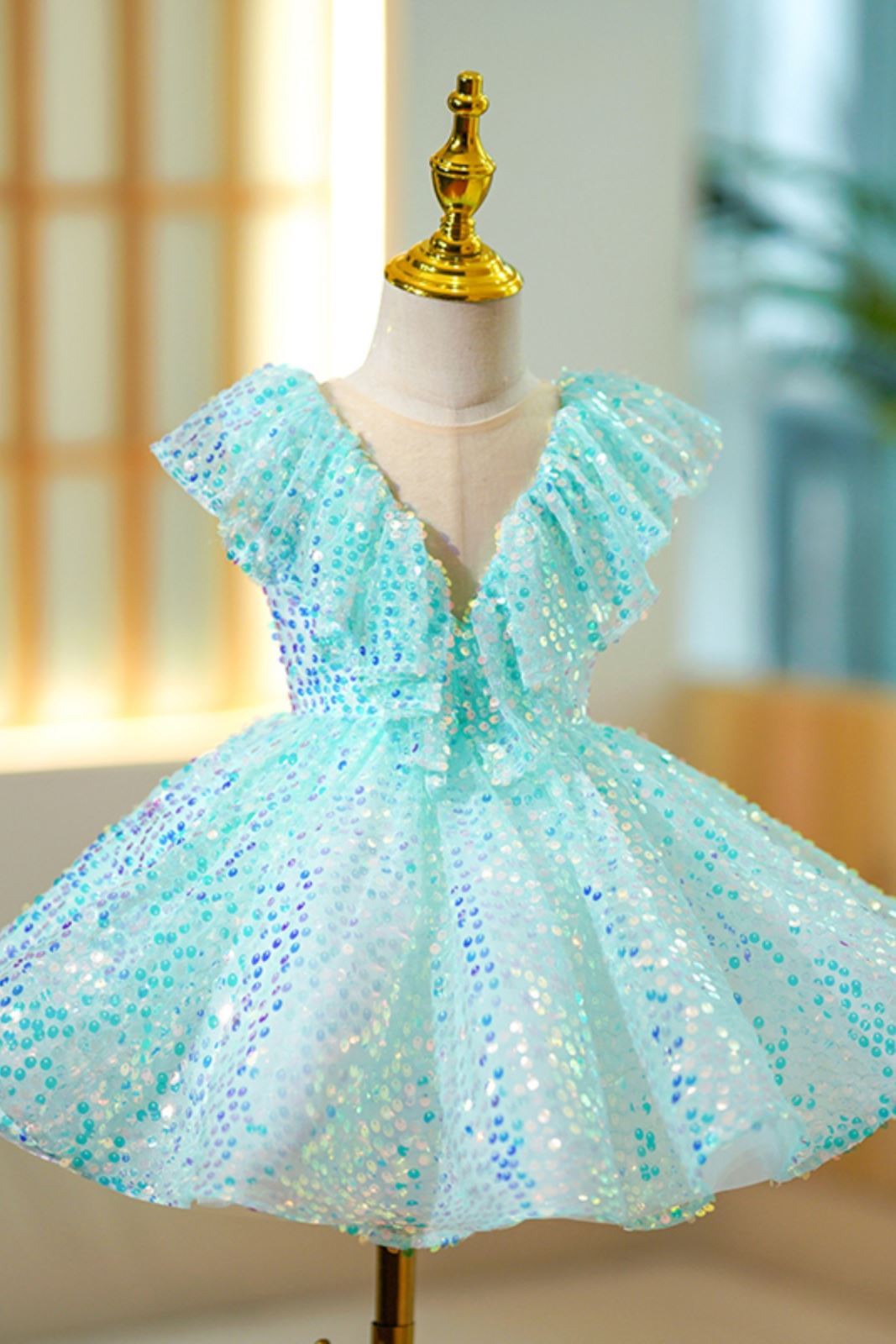 Prinzessin Wadenlang Pailletten Blumenmädchenkleider in Minzgrün