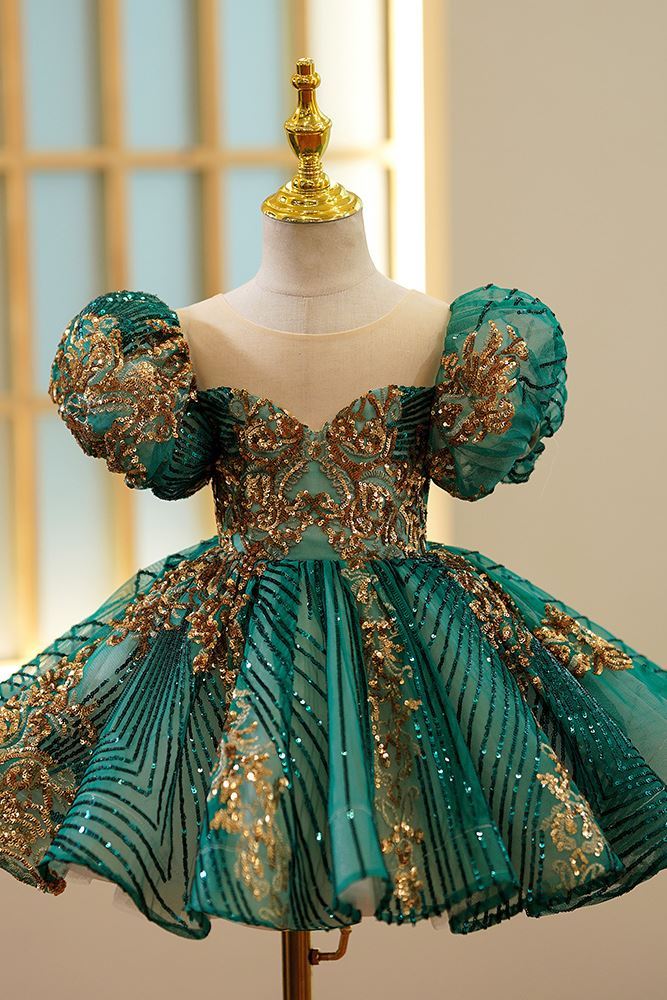 Prinzessin Runden Wadenlang Pailletten Blumenmädchenkleider Dunkelgrün