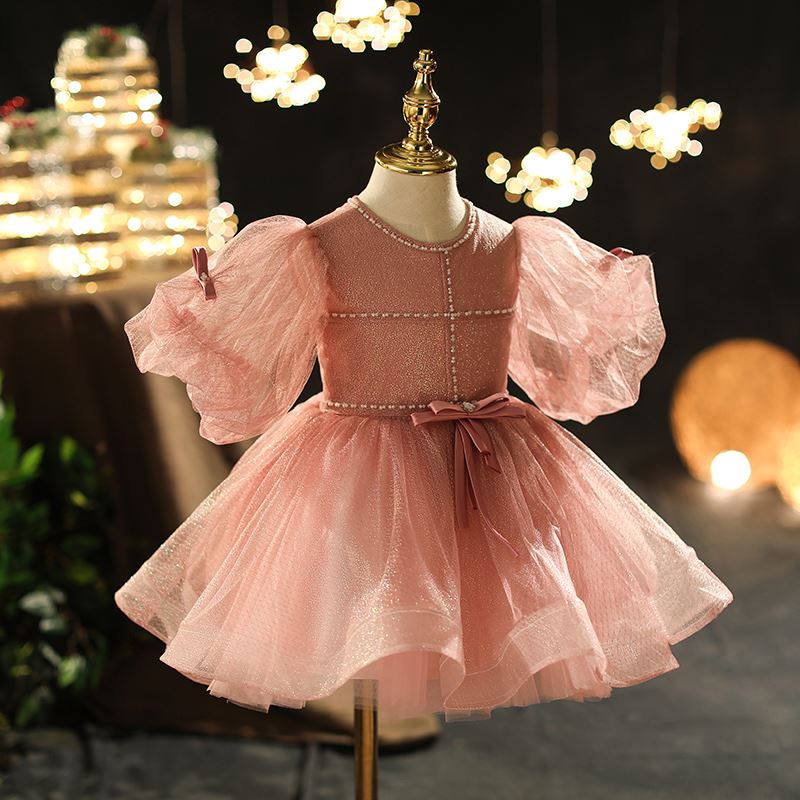 Prinzessin Runden Wadenlang Organza Blumenmädchenkleider Rosa