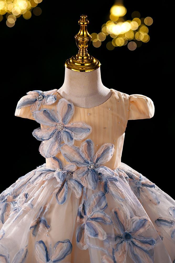 Prinzessin Runden Wadenlang Tüll Blumenmädchenkleider in Champagner