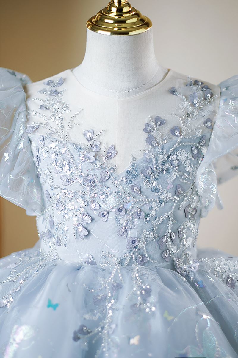 Prinzessin Wadenlang Pailletten Blumenmädchenkleider in Staubigblau