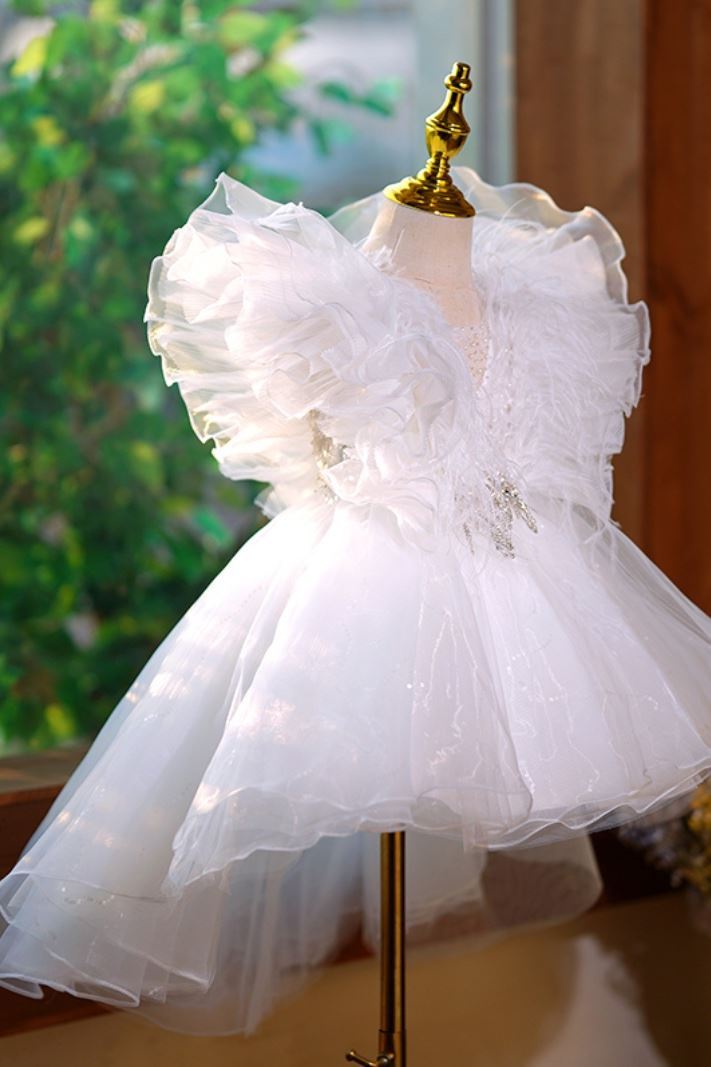 Prinzessin V Ausschnitt Wadenlang Tüll Blumenmädchenkleider Weiß