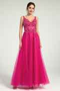 Fuchsia A-Line Lace & Tulle Maxi Dress with Sequin and Beaded Accents