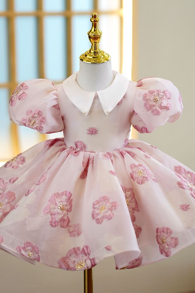 Prinzessin Kragenhals Wadenlang Organza Blumenmädchenkleider Rosa