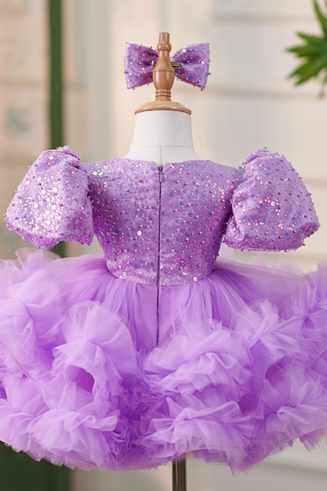 Prinzessin Runden Wadenlang Tüll Blumenmädchenkleider in Lila