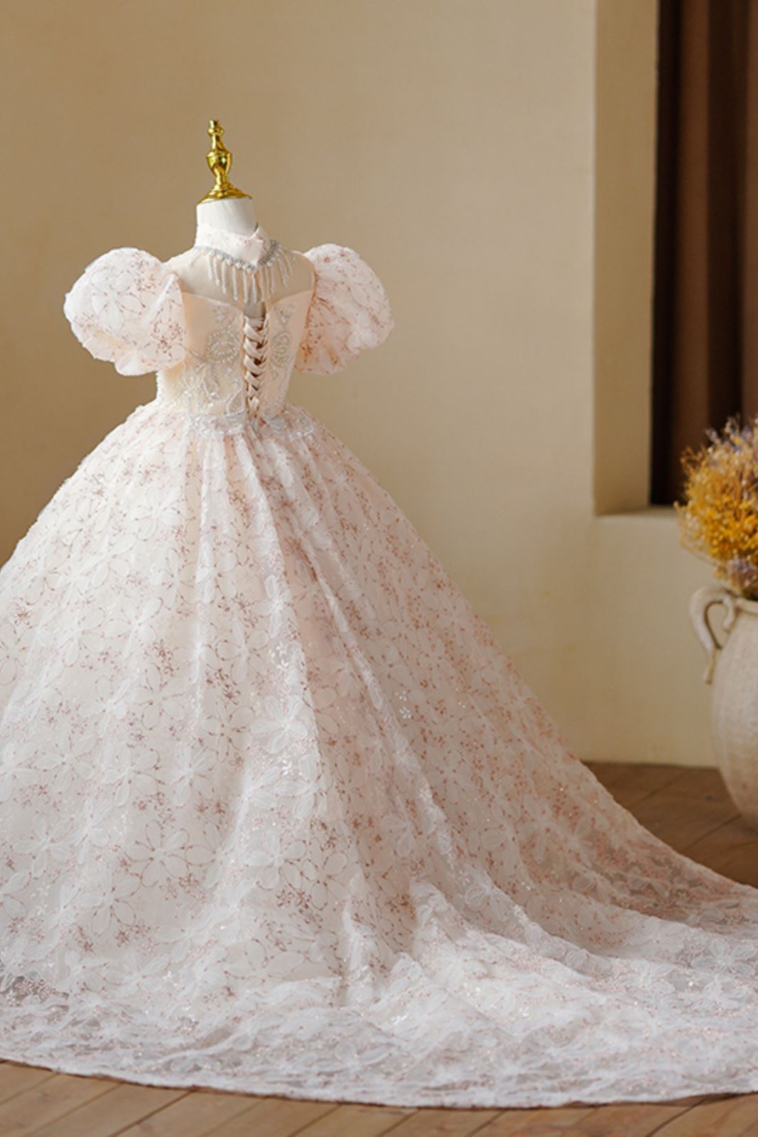 Prinzessin Bodenlang Pailletten Blumenmädchenkleider in Champagner