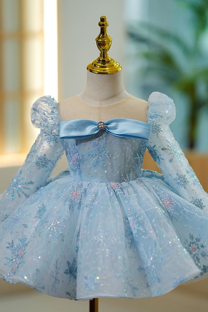 Prinzessin Runden Wadenlang Tüll Blumenmädchenkleider in Blau