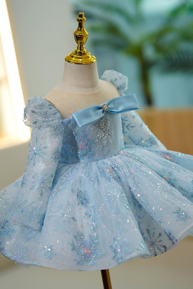 Prinzessin Runden Wadenlang Tüll Blumenmädchenkleider in Blau