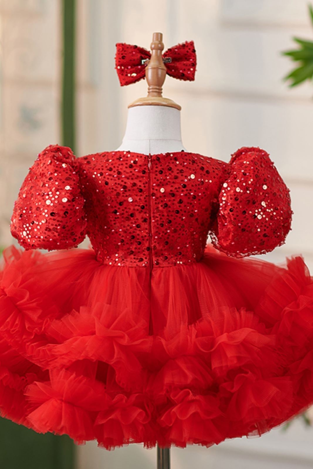 Prinzessin Runden Wadenlang Tüll Blumenmädchenkleider in Rot