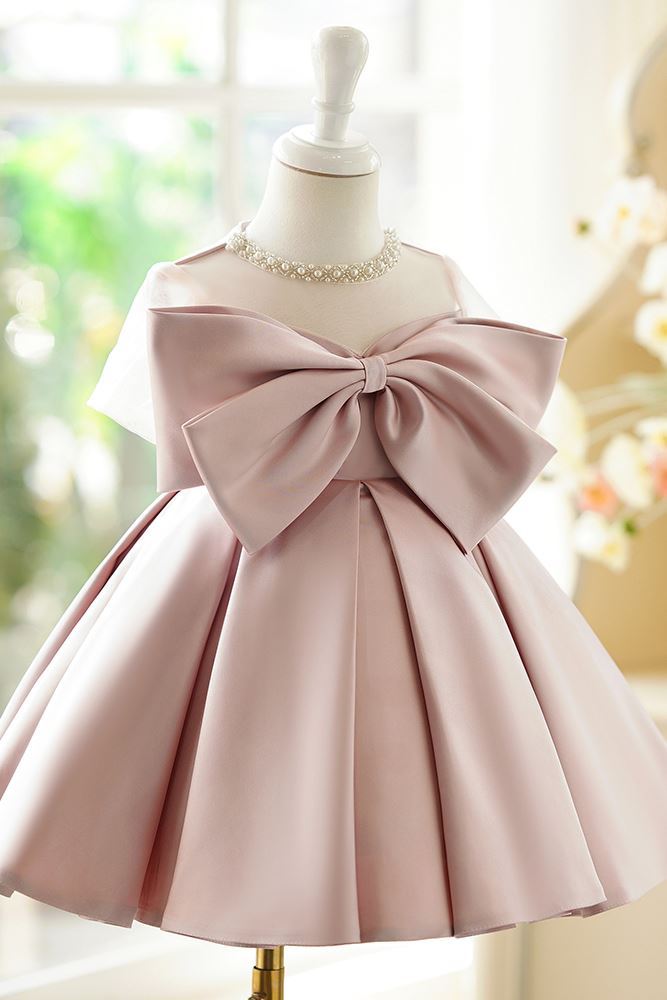 Prinzessin Juwelenhals Wadenlang Satin Blumenmädchenkleider in Rosa