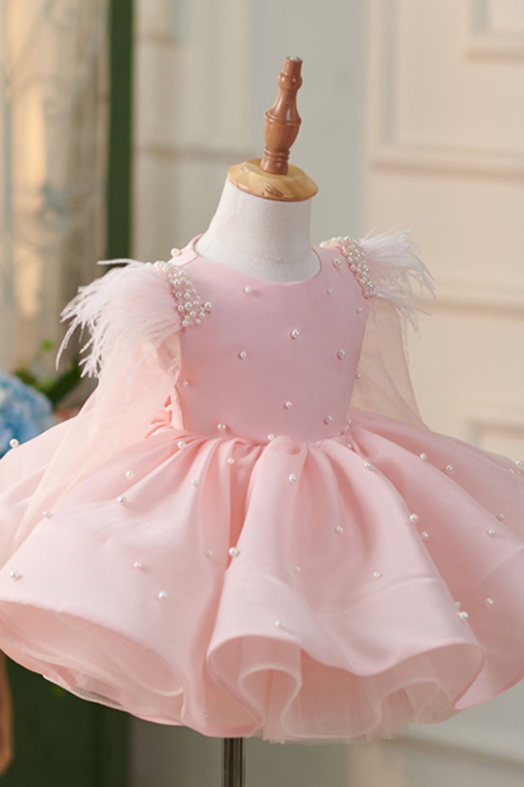 Prinzessin Runden Wadenlang Organza Blumenmädchenkleider in Rosa