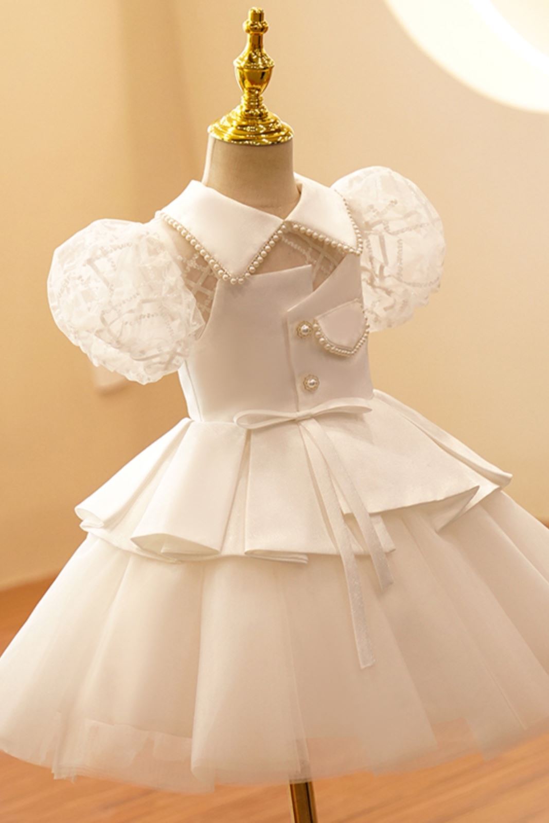 Prinzessin Kragenhals Wadenlang Satin Blumenmädchenkleider Weiß